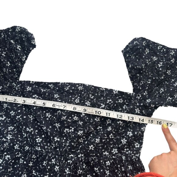 Anthro Maeve Size 4 Navy White Floral Eyelet Lace Puff Sleeve A-Line Mini Dress - Picture 7 of 10
